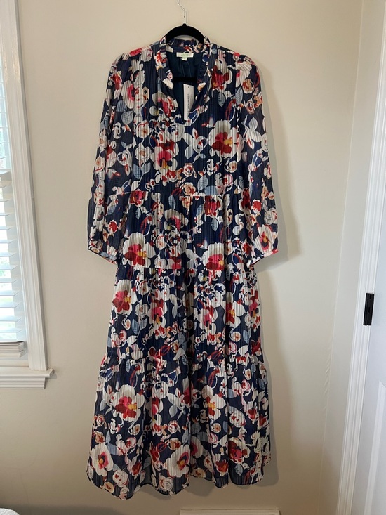Jade Dresses & Skirts - Jade Navy Floral Long Sleeve Tiered Midi Dress with Pink & Red Accents